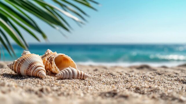 shell on the sand, beach scene with big seashells in background, palm leaf, gentle waves in background	