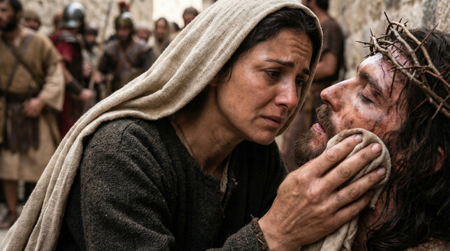 Classic biblical scene of Veronica wiping the face of Jesus during the crucifixion