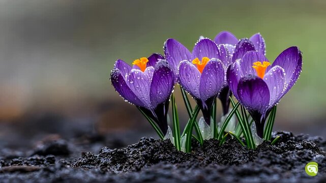 Close-up of vibrant purple crocus flowers emerging from damp soil. Covered in droplets