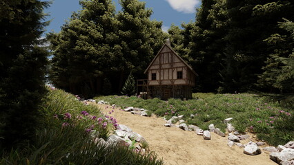 house with wooden beams sits beside a path in a wooded area. sun shines on the scene, highlighting...