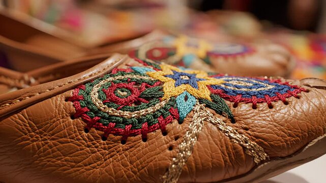 Close Up Of Brown Leather Jutti Shoes With Intricate Colorful Embroidery And Gold Thread Details Shallow Depth Of Field Soft Lighting