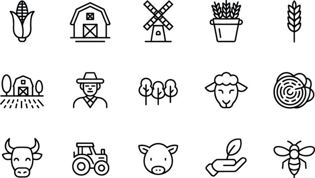 Linear vector icon set for agriculture and farming featuring corn barn windmill wheat field farmer sheep cabbage cow tractor pig and honey bee