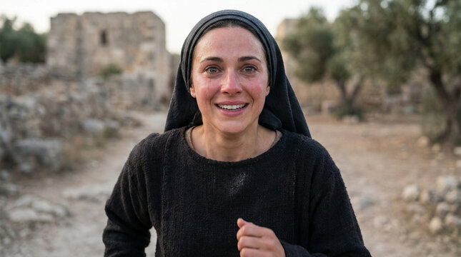 Classic biblical scene of Mary Magdalene running from the tomb to proclaim Jesus' resurrection