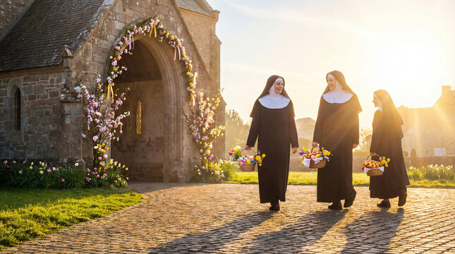 Nuns walking from stone church with Easter baskets at sunset. Religious sisters celebrating spring holiday with eggs and traditional bread
