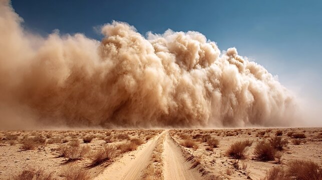 Massive haboob, wall of sand and dust racing across an arid desert landscape under a clear blue sky, showcasing extreme weather, power of nature and a desolate horizon