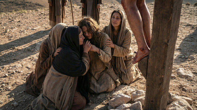 Classic biblical scene of Mary Magdalene, Mary the mother of James, and Salome at the cross of Jesus