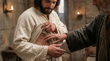 Classic biblical scene of Jesus appearing to Thomas and inviting him to touch His wounds 