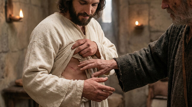 Classic biblical scene of Jesus appearing to Thomas and inviting him to touch His wounds
