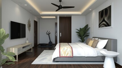 Modern bedroom with large bed, flat screen tv, and indoor plants