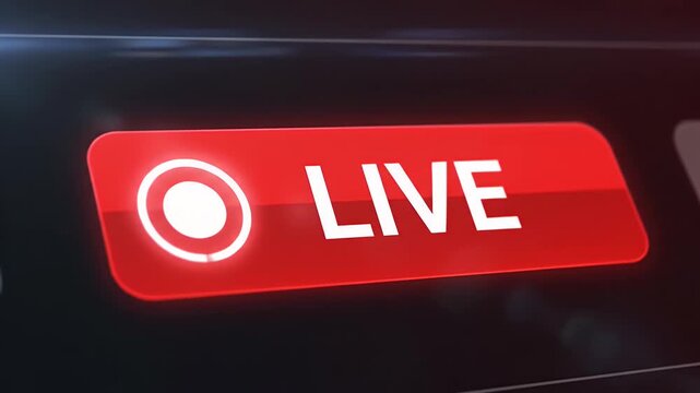 Red Live Stream Broadcast Button - A close-up shot displays a red button indicating a live stream or broadcast. The button features a white circle icon and the word "LIVE" in bold white letters.