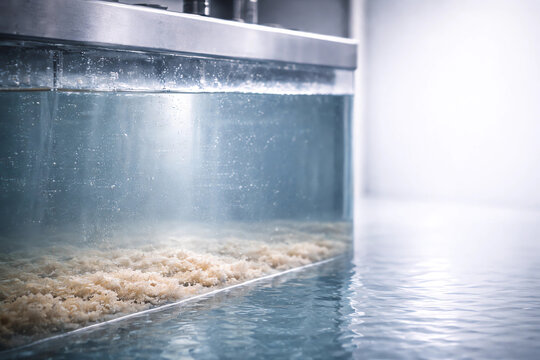 Ultra-realistic close-up photograph of clarified water after coagulation and flocculation process. Clear water with settled flocs at the bottom, high transparency, clean surface reflections. Professio