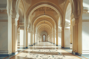 Obraz premium Empty mosque corridor with arches, soft natural light, calm Ramadan atmosphere, no people, realistic photography