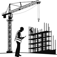 Silhouette of construction crane and worker on construction site. white background 