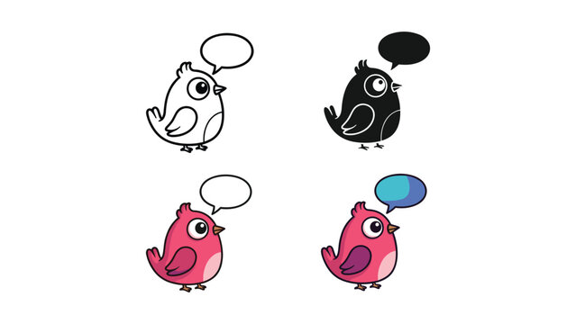 Cute Pink Cartoon Bird with Thought Bubble, Expressing Communication in Multiple Styles