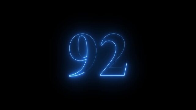 Neon 92 number mathematics text icon animation blue color text on black background. Glowing neon 92 motion graphics animation. Number 92 vector illustration. Digits with glowing lights and bulbs.4k 
