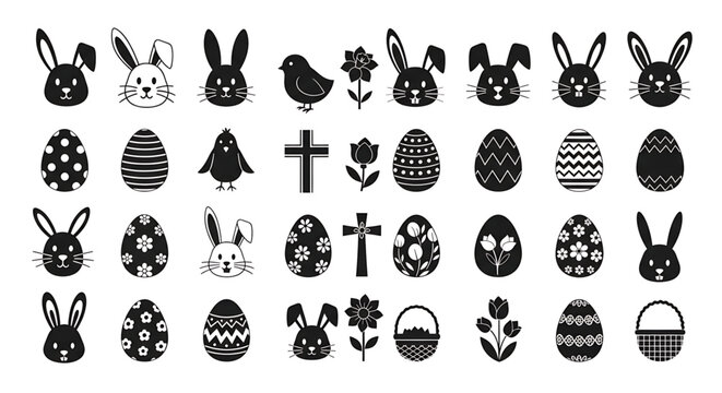 Black easter icons including bunnies eggs baskets and crosses on easter