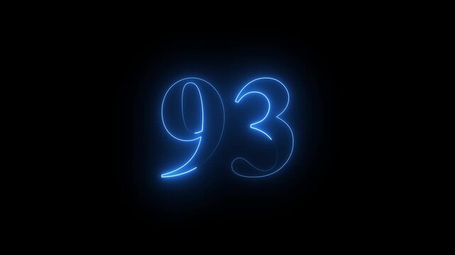 Neon 93 number mathematics text icon animation blue color text on black background. Glowing neon 93 motion graphics animation. Number 93 vector illustration. Digits with glowing lights and bulbs.4k 