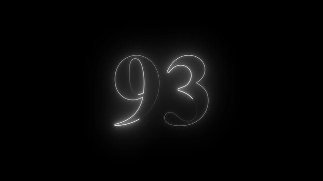 Neon 93 number mathematics text icon animation white color text on black background. Glowing neon 93 motion graphics animation. Number 93 vector illustration. Digits with glowing lights and bulbs.4k 