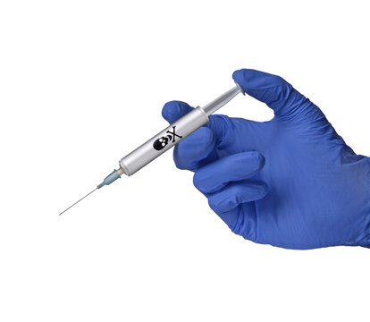 Surgical hand glove hold poison syringe dose isolated on transparent layered background.