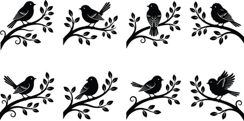 Collection, of, bird, silhouettes, perched, on, leafy, branches, featuring, diverse, avian, poses, for, nature, spring, garden, and, floral, design, projects. © "Hello"
