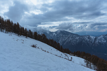 A winter view of the Valsassina seen from the "pian delle betulle", one of the most panoramic points in the area on the mountains , near the town of Casargo, Lombardy, Italy - February 2026