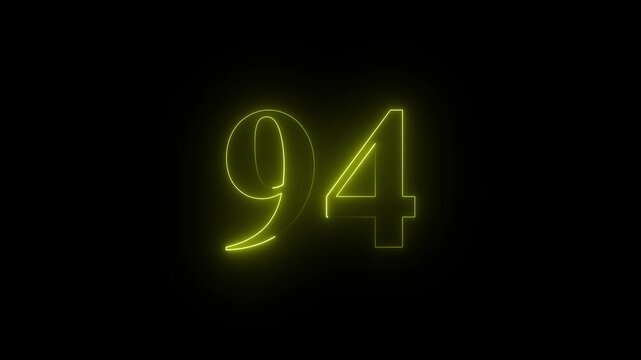 Neon 94 number mathematics text icon animation yellow color text on black background. Glowing neon 94 motion graphics animation. Number 94 vector illustration. Digits with glowing lights and bulbs.4k 