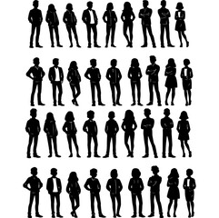 Set of Standing People Silhouettes, Men and Women in Casual and Business Attire, Fashion Poses, Group of Diverse Adults Isolated on White
