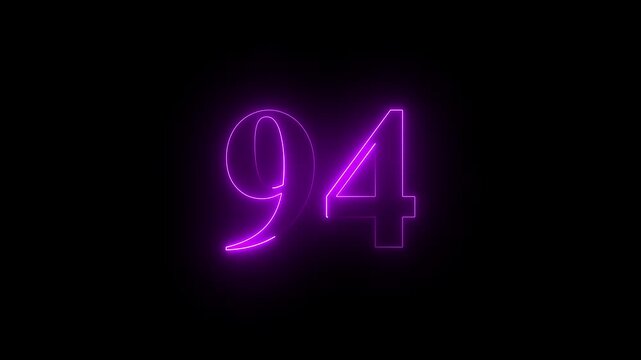 Neon 94 number mathematics text icon animation pink color text on black background. Glowing neon 94 motion graphics animation. Number 94 vector illustration. Digits with glowing lights and bulbs.4k 