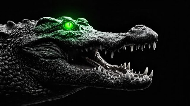 A grayscale crocodile with a glowing green eye and a textured, rough surface against a black backdrop