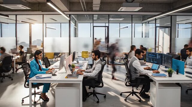 Modern Open-Plan Office Workspace - This video showcases a modern, sleek open-plan office with employees working at their desks.