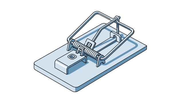 Classic wooden mouse trap with a metal spring and bait pedal shown in a detailed isometric line drawing for pest control related concepts.