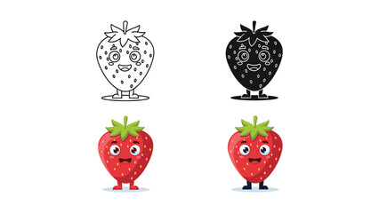 Obraz premium Cute anthropomorphic strawberry character in outline, silhouette, and two vibrant color versions.