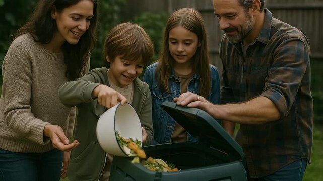 Family Sorting Organic Waste For Home Composting And Sustainable Living