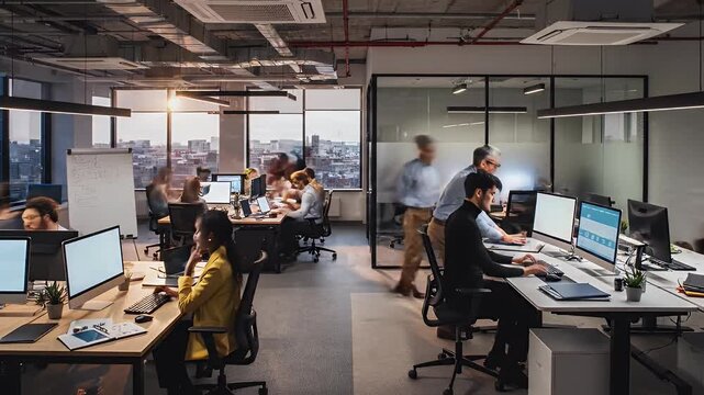 Busy Modern Office Timelapse - A timelapse shot of a modern office shows multiple people working at their desks and moving around.
