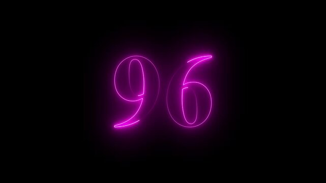 Neon 96 number mathematics text icon animation pink color text on black background. Glowing neon 96 motion graphics animation. Number 96 vector illustration. Digits with glowing lights and bulbs.4k 