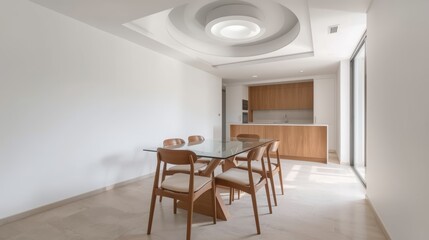 A modern dining room with a unique ceiling design and wooden furniture.