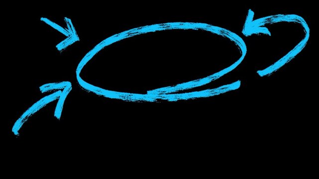 Blue neon hand-drawn arrows and circle frame on transparent background, glowing chalk sketch elements for highlight and emphasis in presentation design.