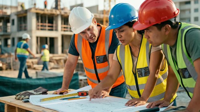 Group of workers studies construction plans at a site under clear skies during late afternoon hours