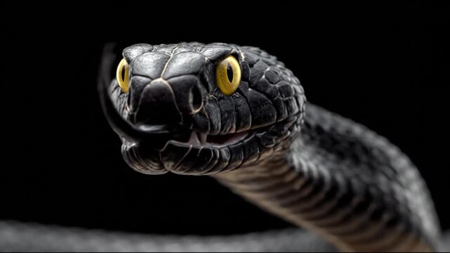 Close-up of a snake's head with piercing yellow eyes against a stark black background