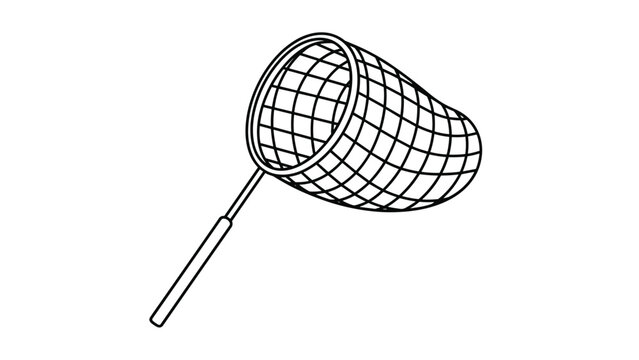 Butterfly net outline drawing with long handle used for catching insects or fish shown in simple black and white vector style.
