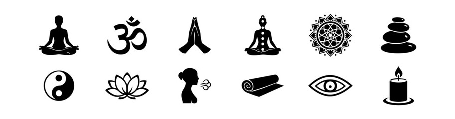 Yoga and Meditation Spiritual Icons Set &ndash; 12 Black and White Minimalist Symbols