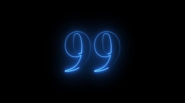 Neon 99 number mathematics text icon animation blue color text on black background. Glowing neon 99 motion graphics animation. Number 99 vector illustration. Digits with glowing lights and bulbs.4k 