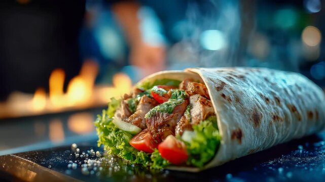 Fresh wrap with grilled chicken and vegetables served on a hot grill in a busy restaurant kitchen during evening hours