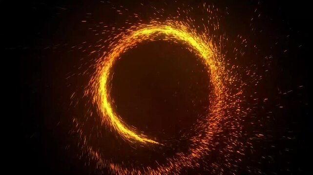 Golden glowing particle ring with energetic orange light trails forming a circular frame on transparent background for magic fantasy and motion graphic design