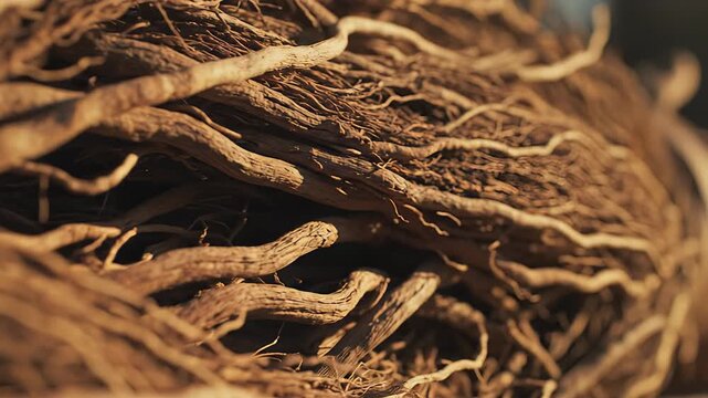 Intricate network of dried plant roots in warm natural lighting a detailed close up macro shot revealing complex organic textures and earthy brown tones in a shallow depth of field setting