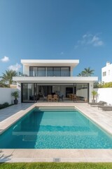 Modern house with a sleek pool and outdoor furniture under a clear blue sky