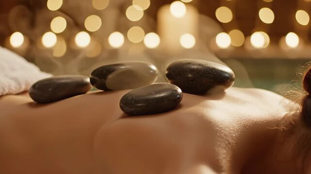 hot stone massage on woman's back in spa. dark basalt stones, warm bokeh lights background. wellness, beauty, relaxation concept.