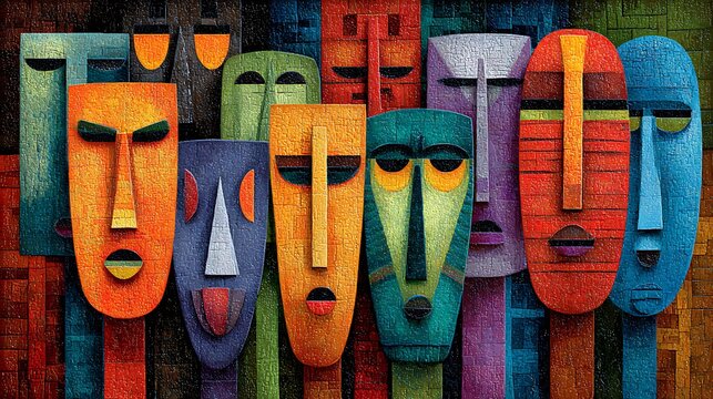 Assemblage Of Colorful Textured Tribal Masks With Expressive Faces african masks Photo