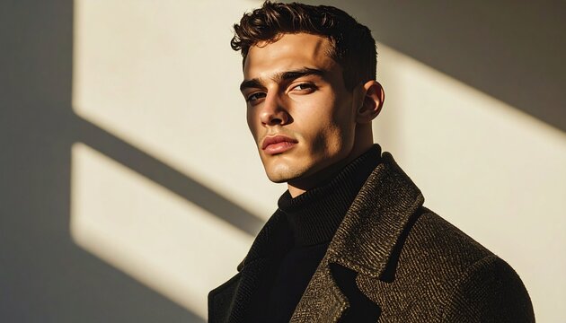 Portrait of a handsome man in a coat standing near a wall.
