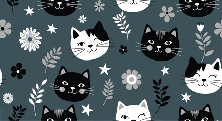 Obraz premium Charming black and white cat portraits mix with simple flowers and stars to create cute seamless pattern for feline enthusiasts.